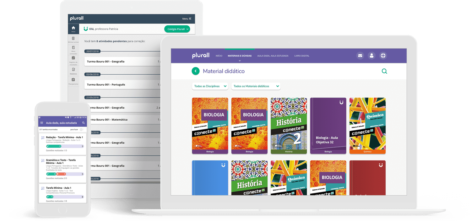 Pantalla del entorno virtual de aprendizaje Plurall, con panel de asignaturas, contenido digitalizado y banco de preguntas.